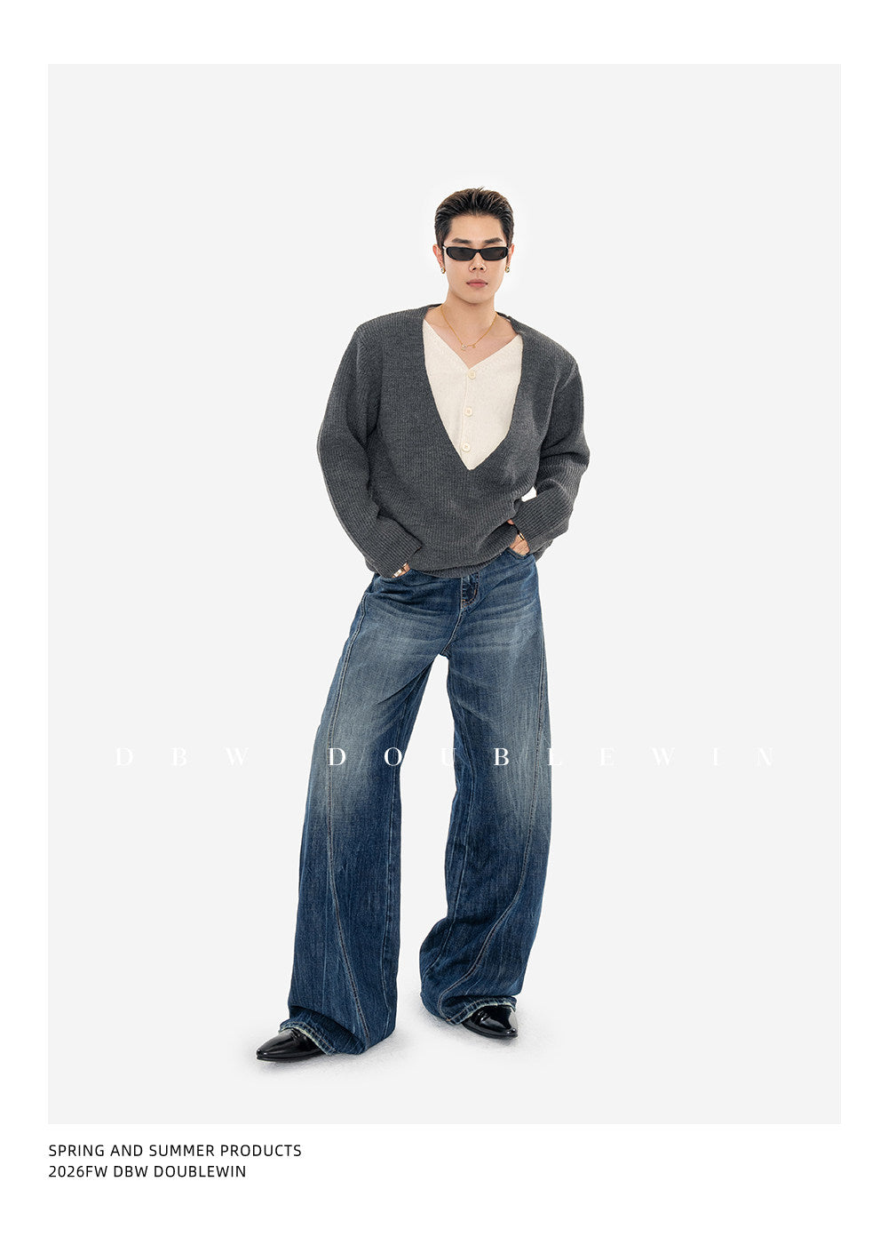 Faux Two-Piece V-Neck Knit Sweater with Shoulder Pads