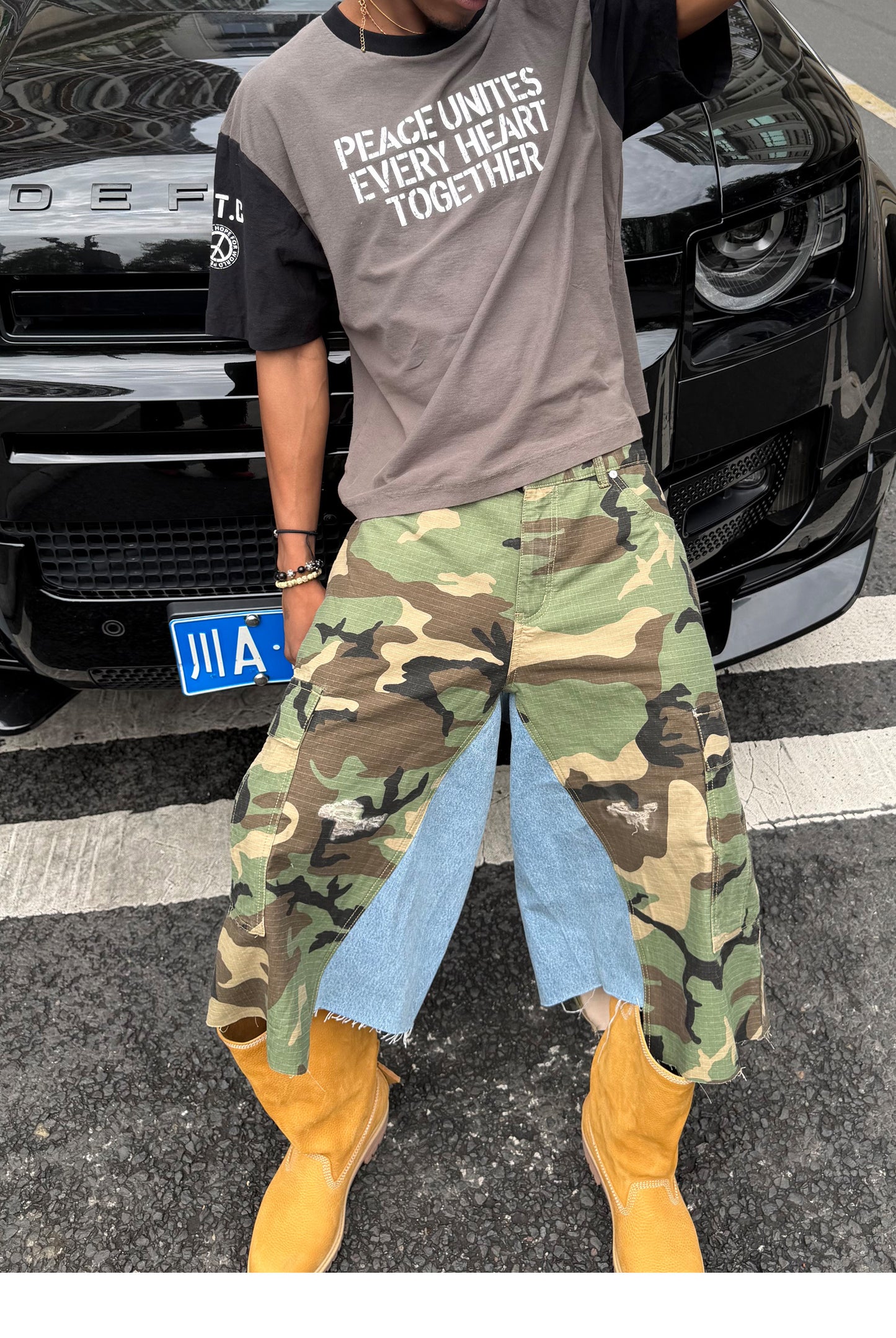Camouflage-Print Distressed Patchwork Shorts
