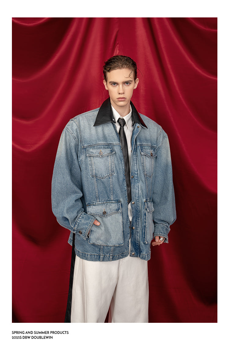 Detachable Leather Collar Denim Jacket