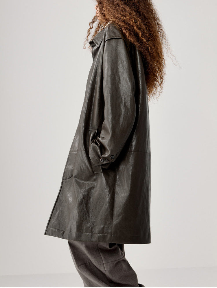 Hidden Front Placket Leather Coat