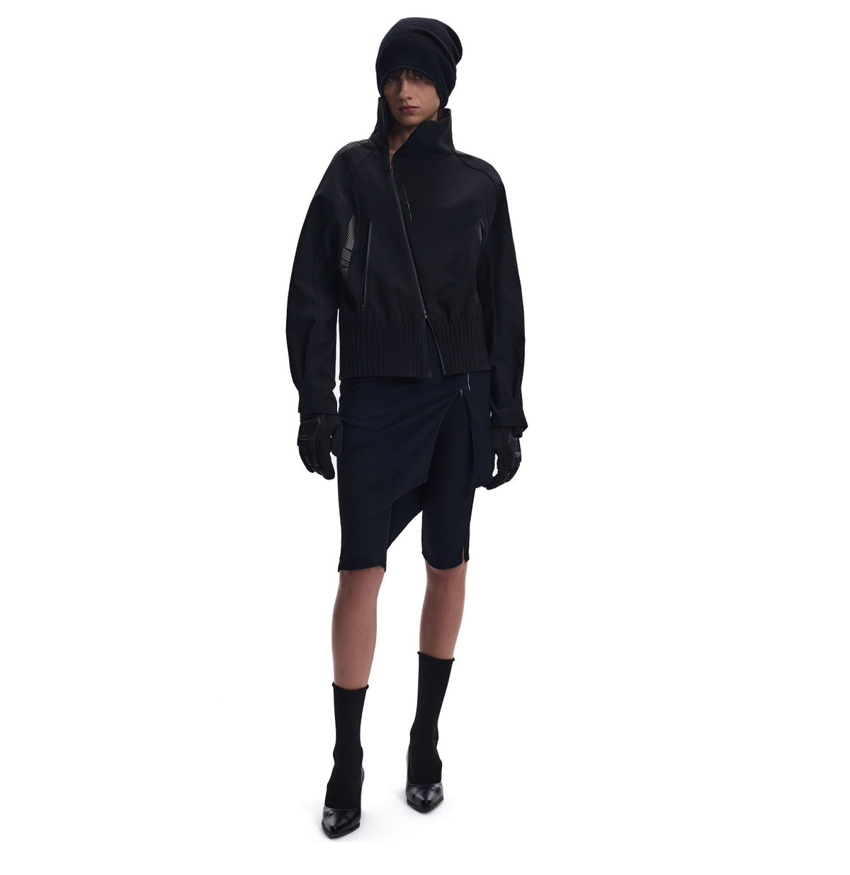 Diagonal-Zip Stand-Collar Poncho Jacket