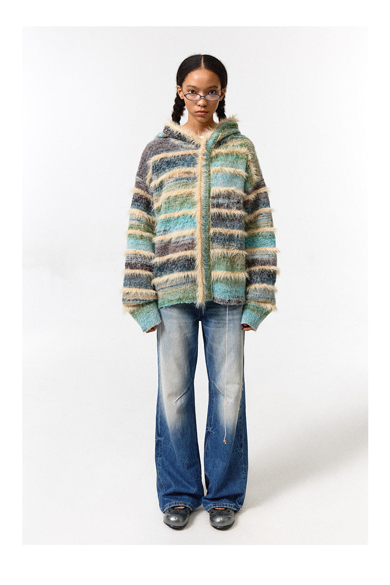 Gradient Stripe Hooded Knit Jacket