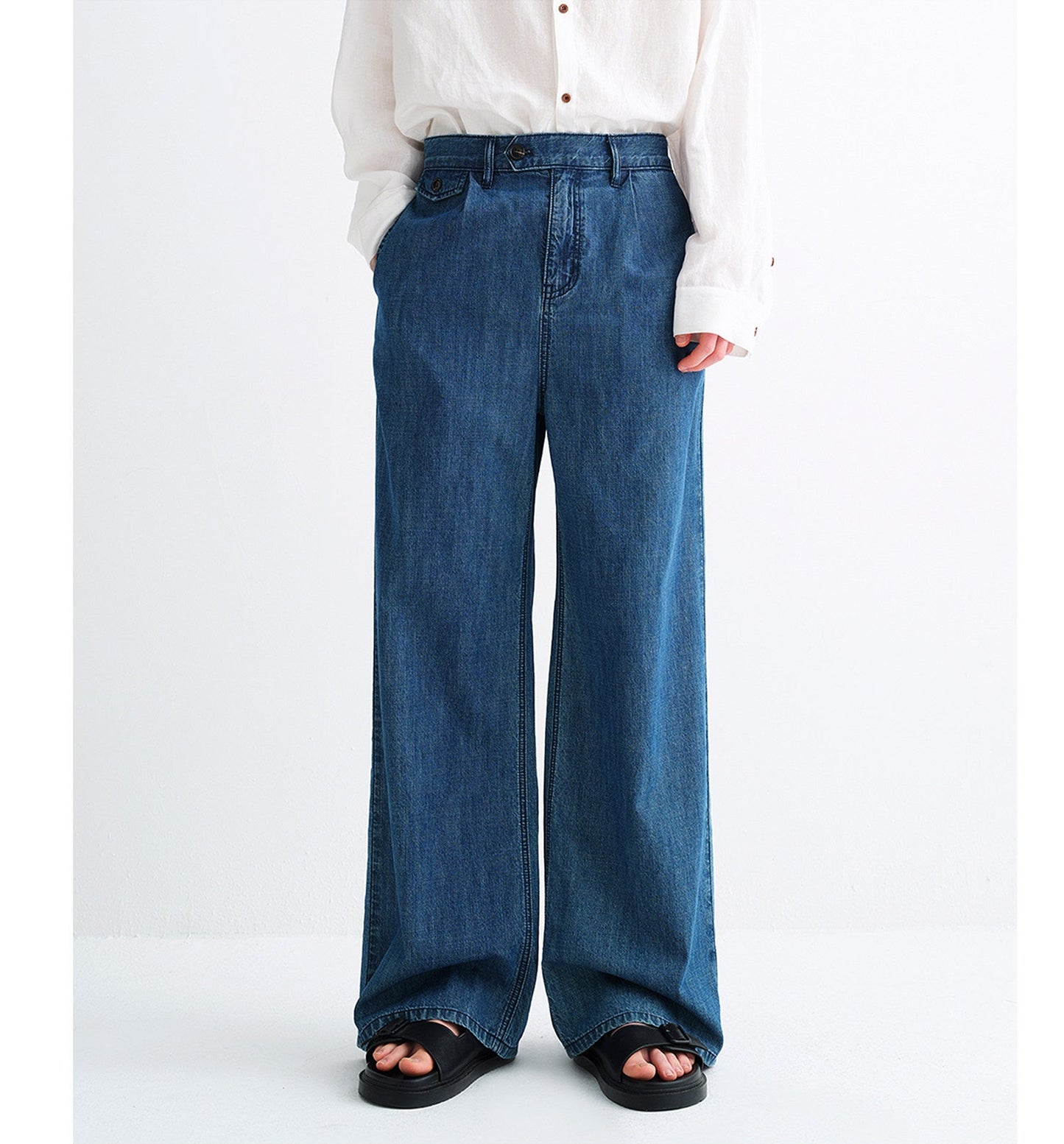 Wash-Finish Wide-Leg Denim Pants