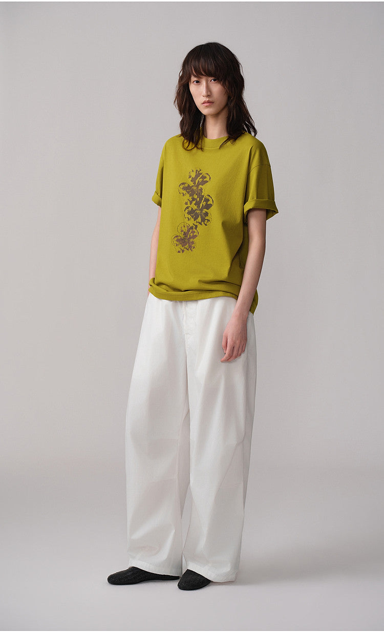 Round-Neck Ribbed Collar Drop-Shoulder T-Shirt