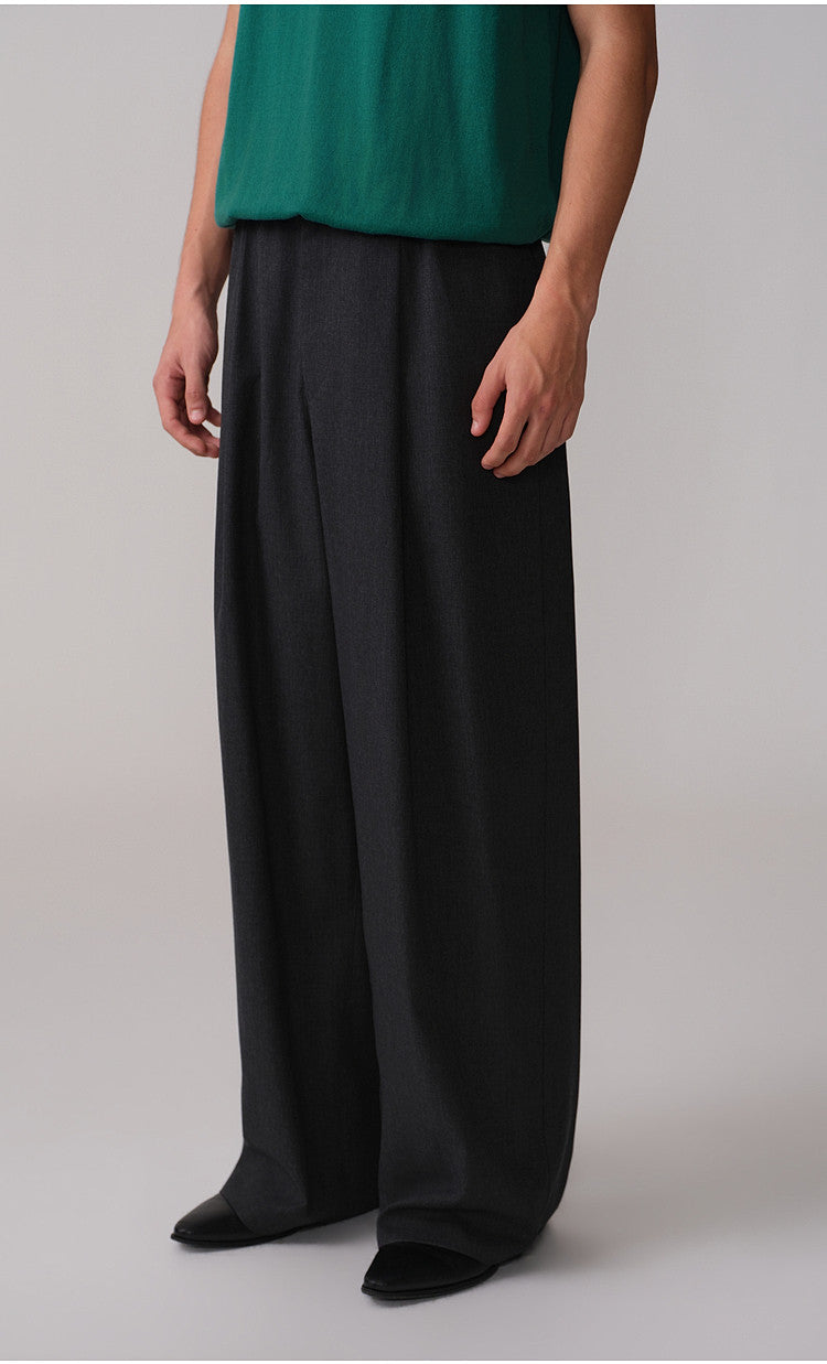 Loose-Fit Casual Pants with Double Pleats and Elastic Waistband