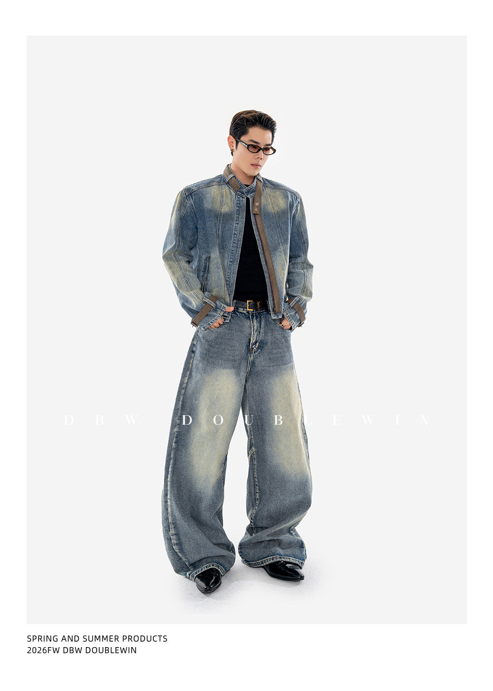 Vintage-Washed Padded-Shoulder Denim Jacket Set