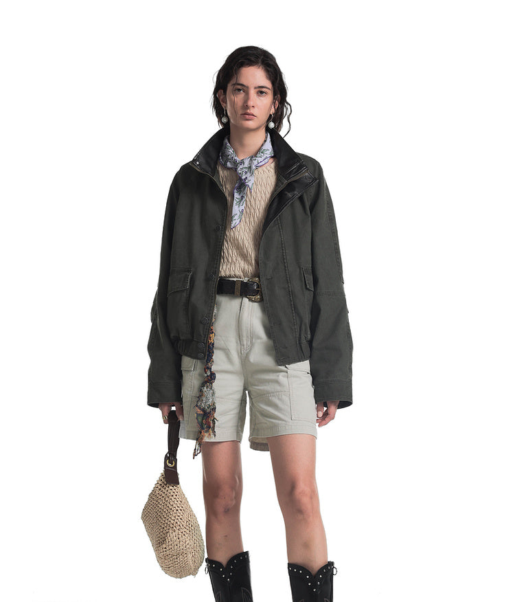 Leather collar short flight jacket