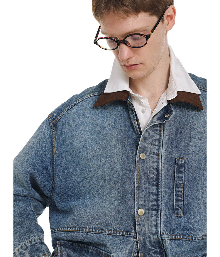 Vintage Denim Jacket with Washed Suede Collar