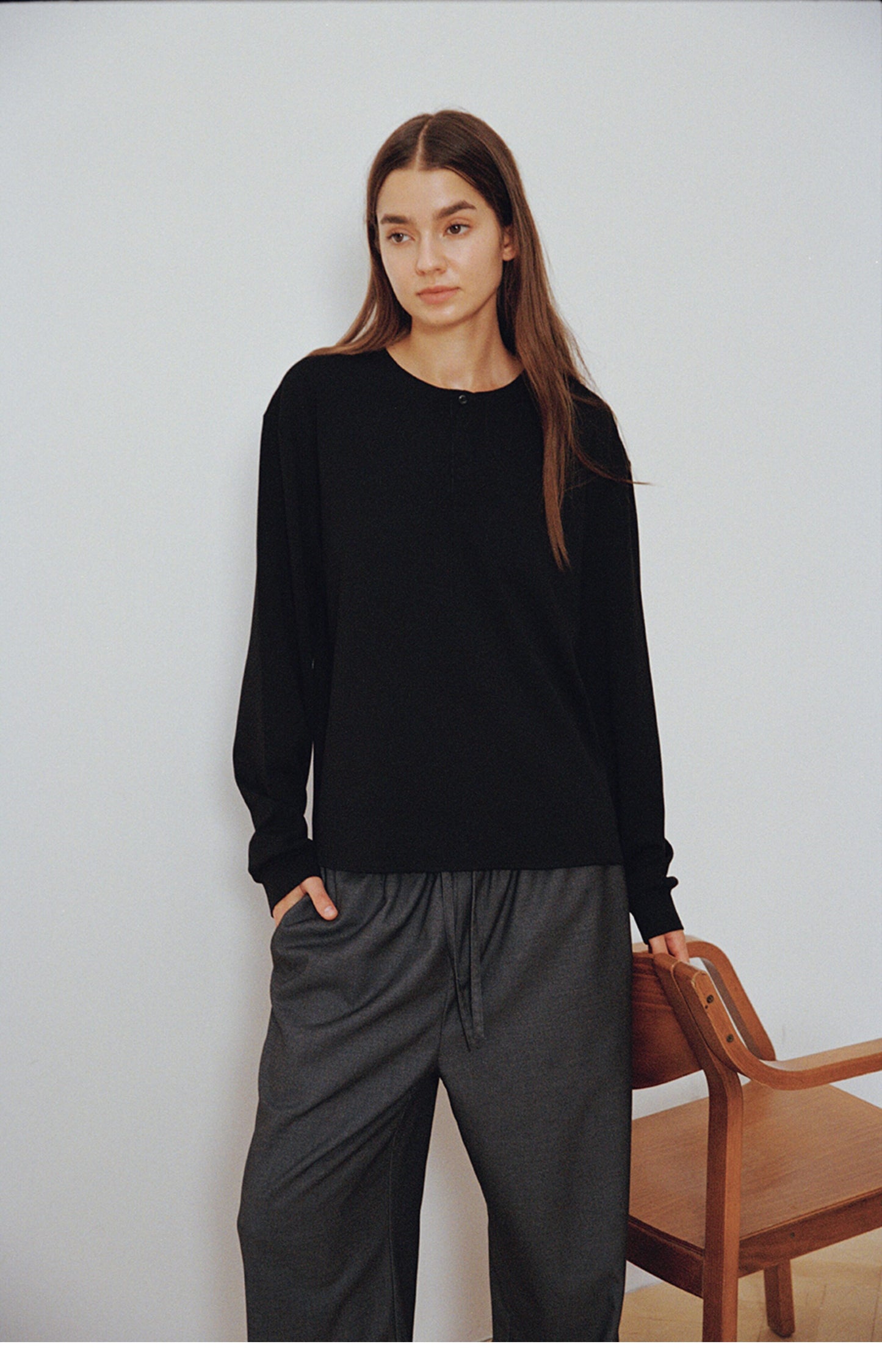 Single-button henley-neck T-shirt