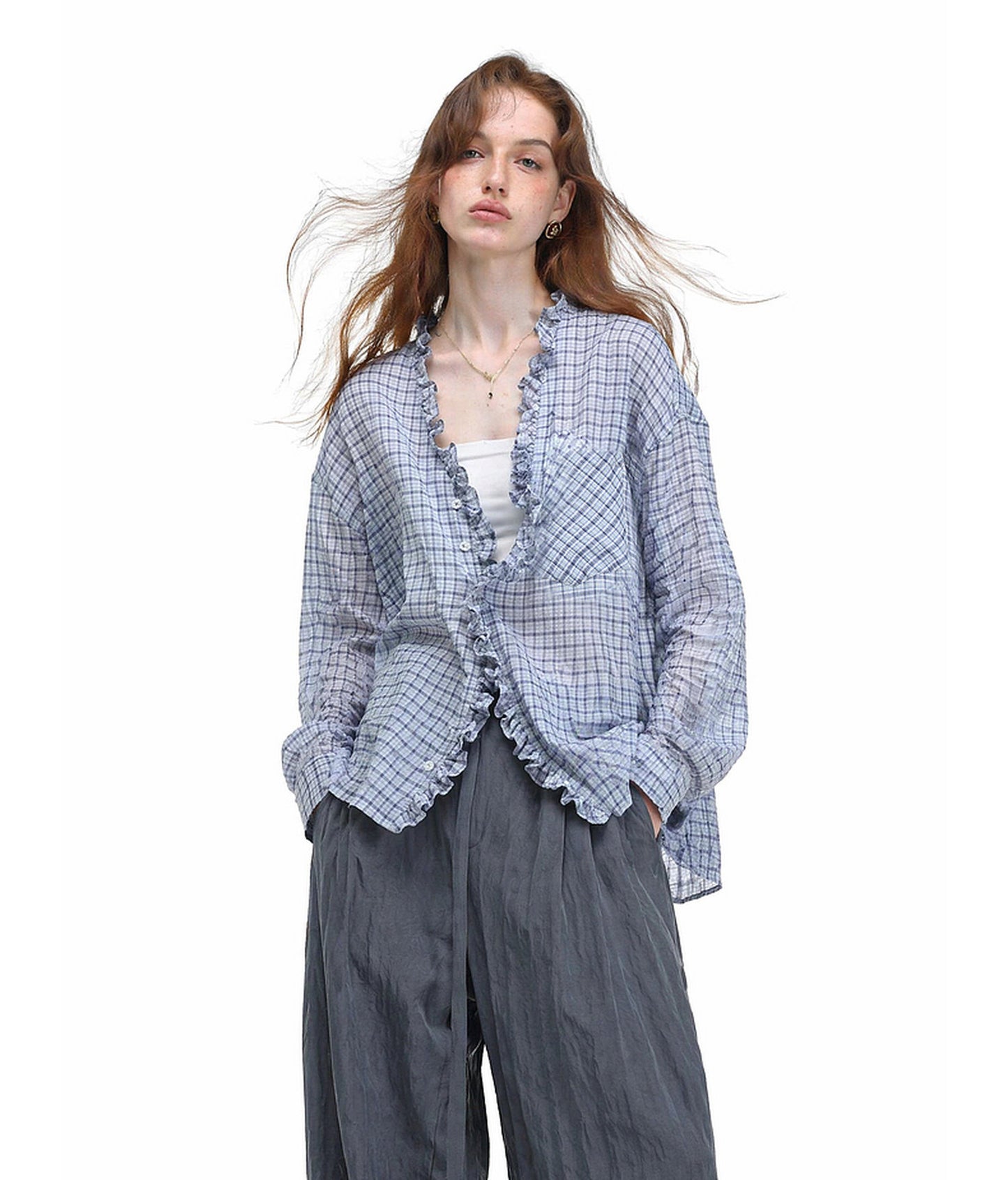 Textured V-Neck Checkered Shirt