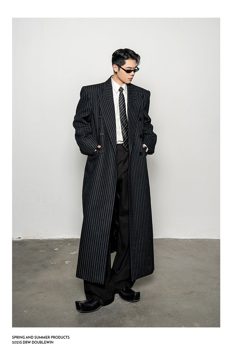 Wool Blend Striped Long Coat