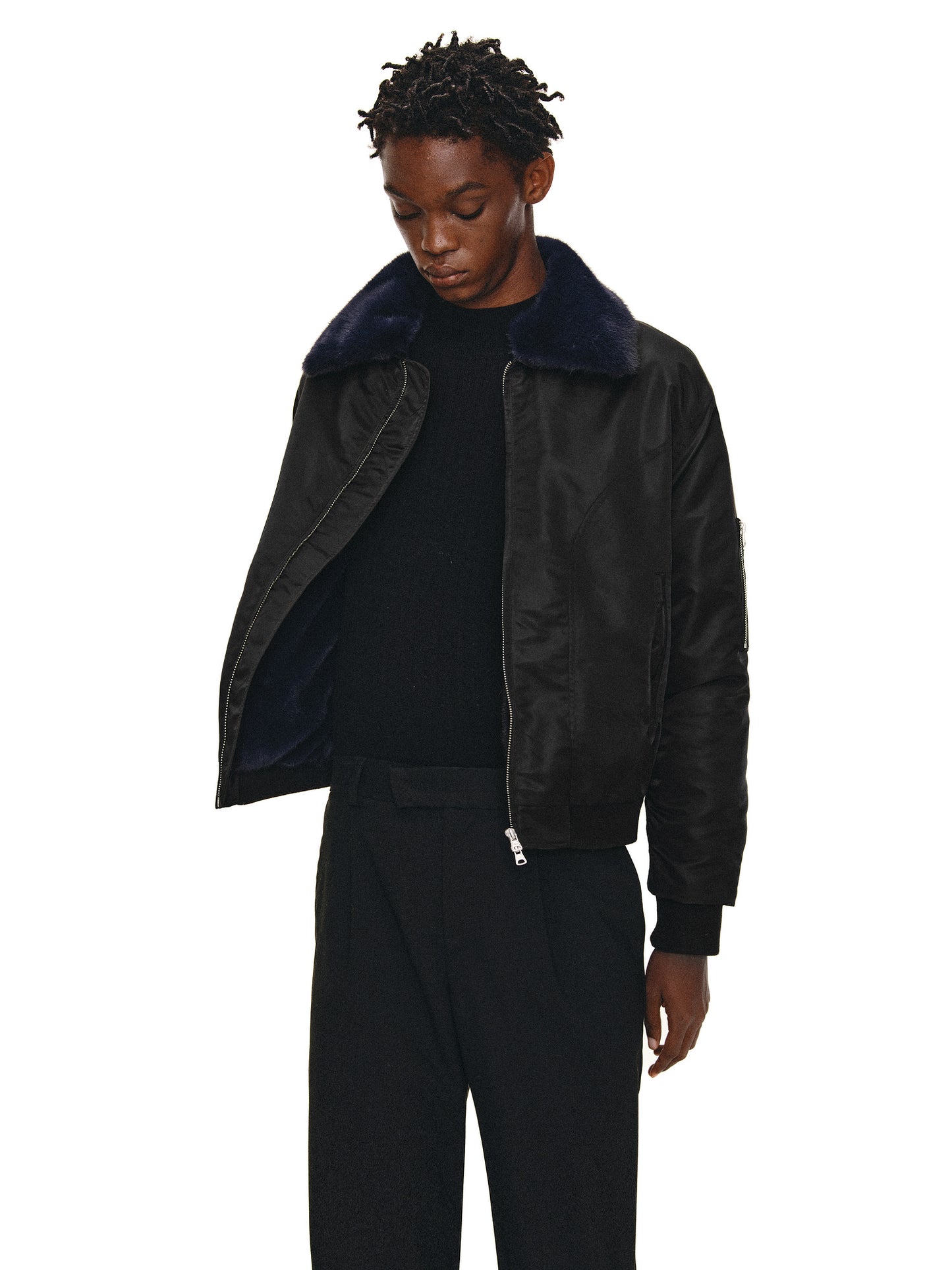 Contrast Fur Collar Bomber Jacket