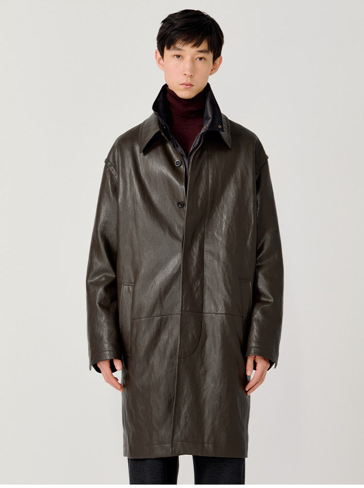 Hidden Front Placket Leather Coat