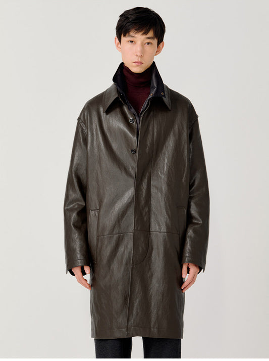 Hidden Front Placket Leather Coat