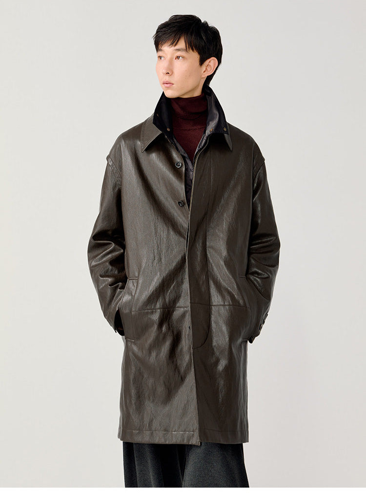Hidden Front Placket Leather Coat