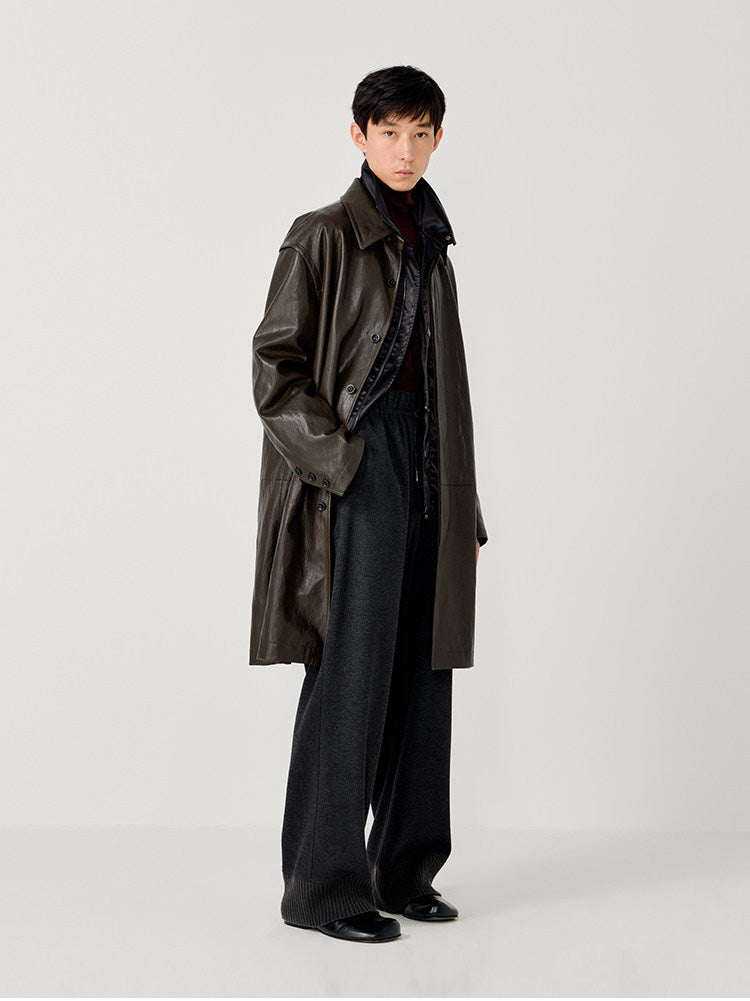 Hidden Front Placket Leather Coat