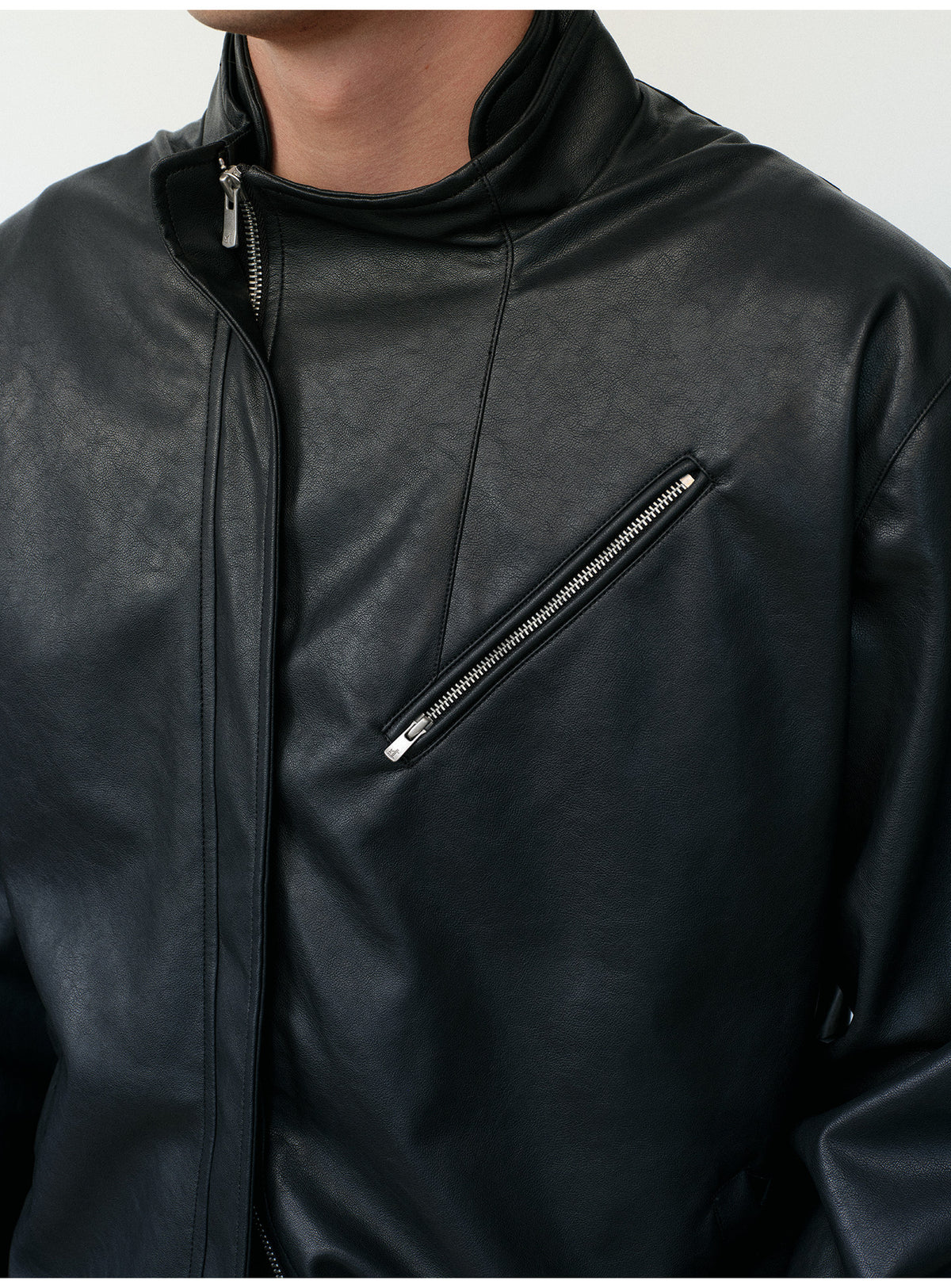 Microfiber-Leather Blend Stand-Collar Jacket