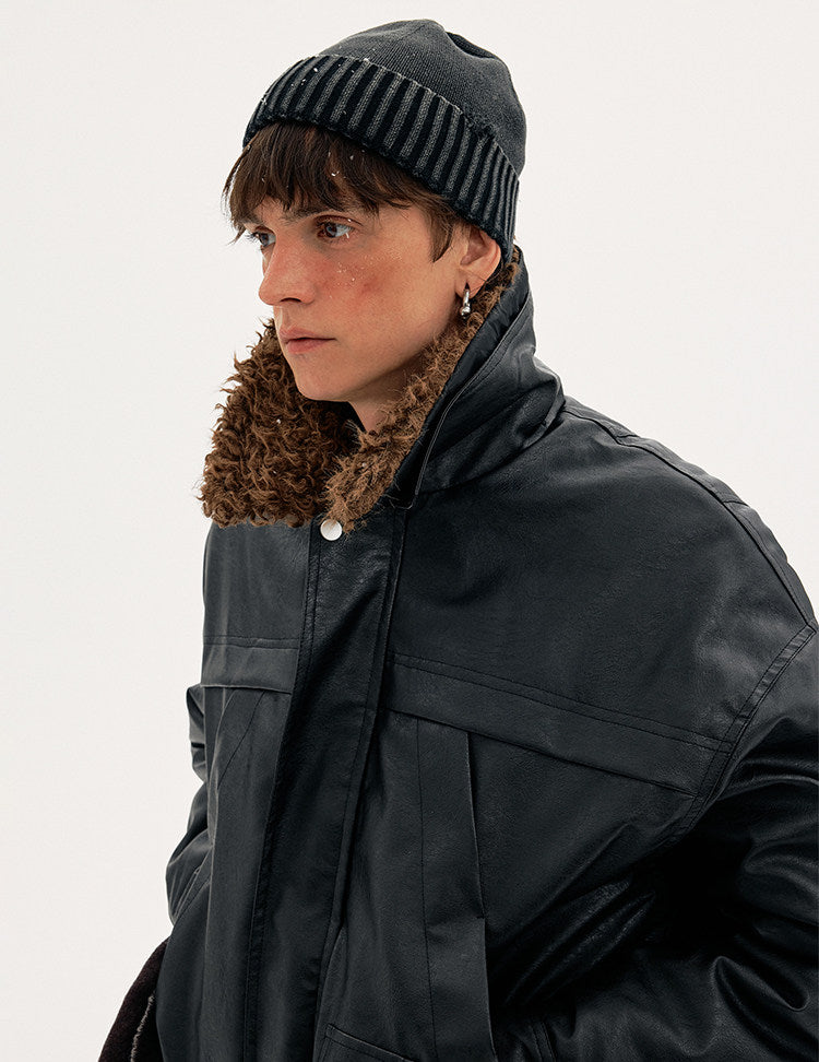 Detachable Fur Collar PU Leather Jacket