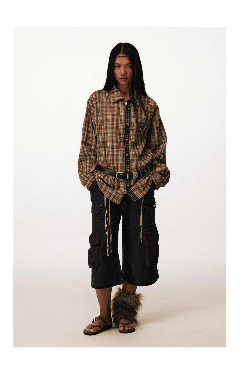 Checkered Zippered Drawstring Shirt