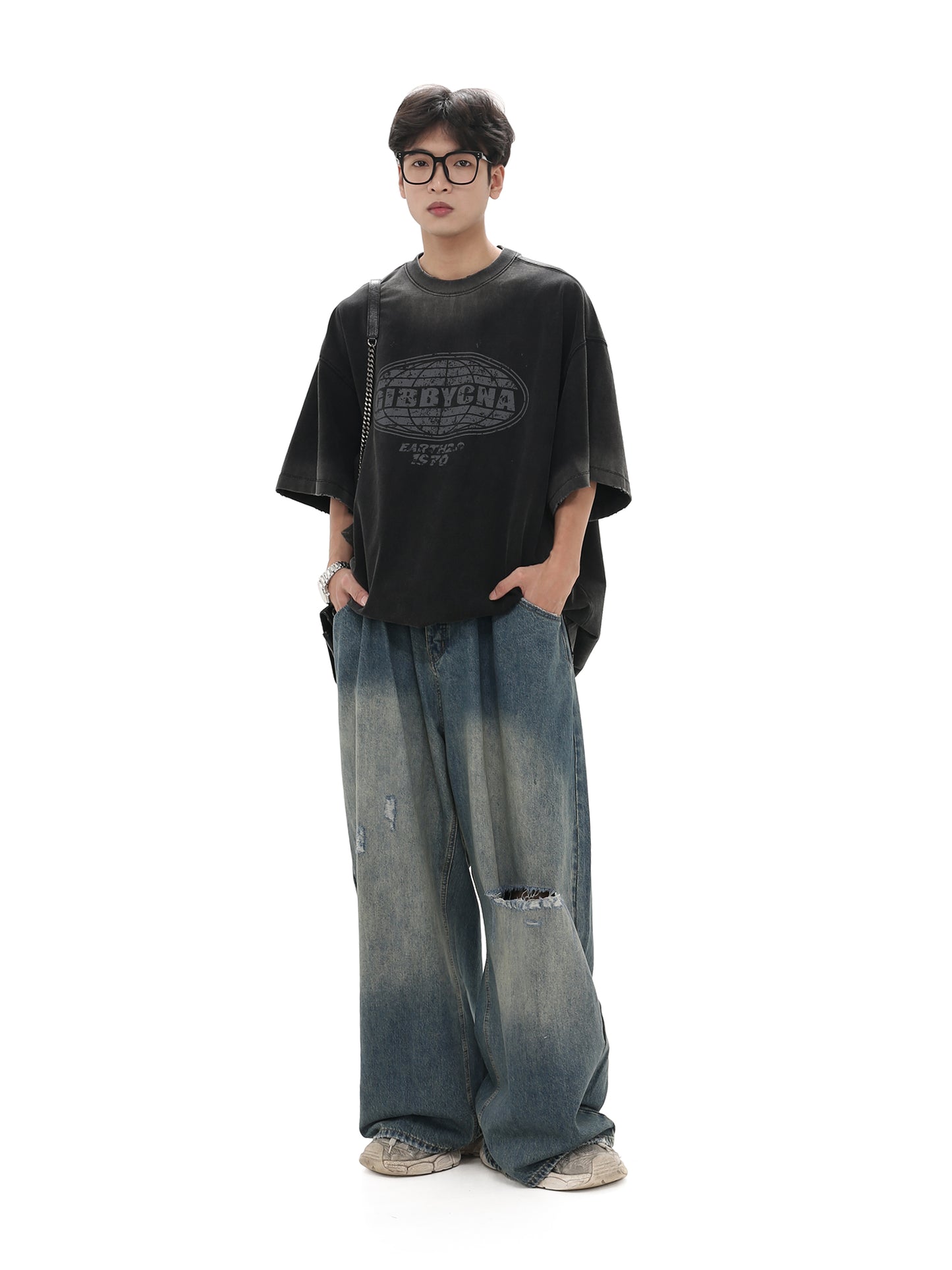 Drawstring Damaged Washed Denim Pants