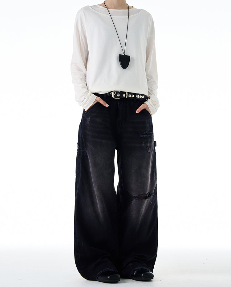 Damaged wash gradient jeans