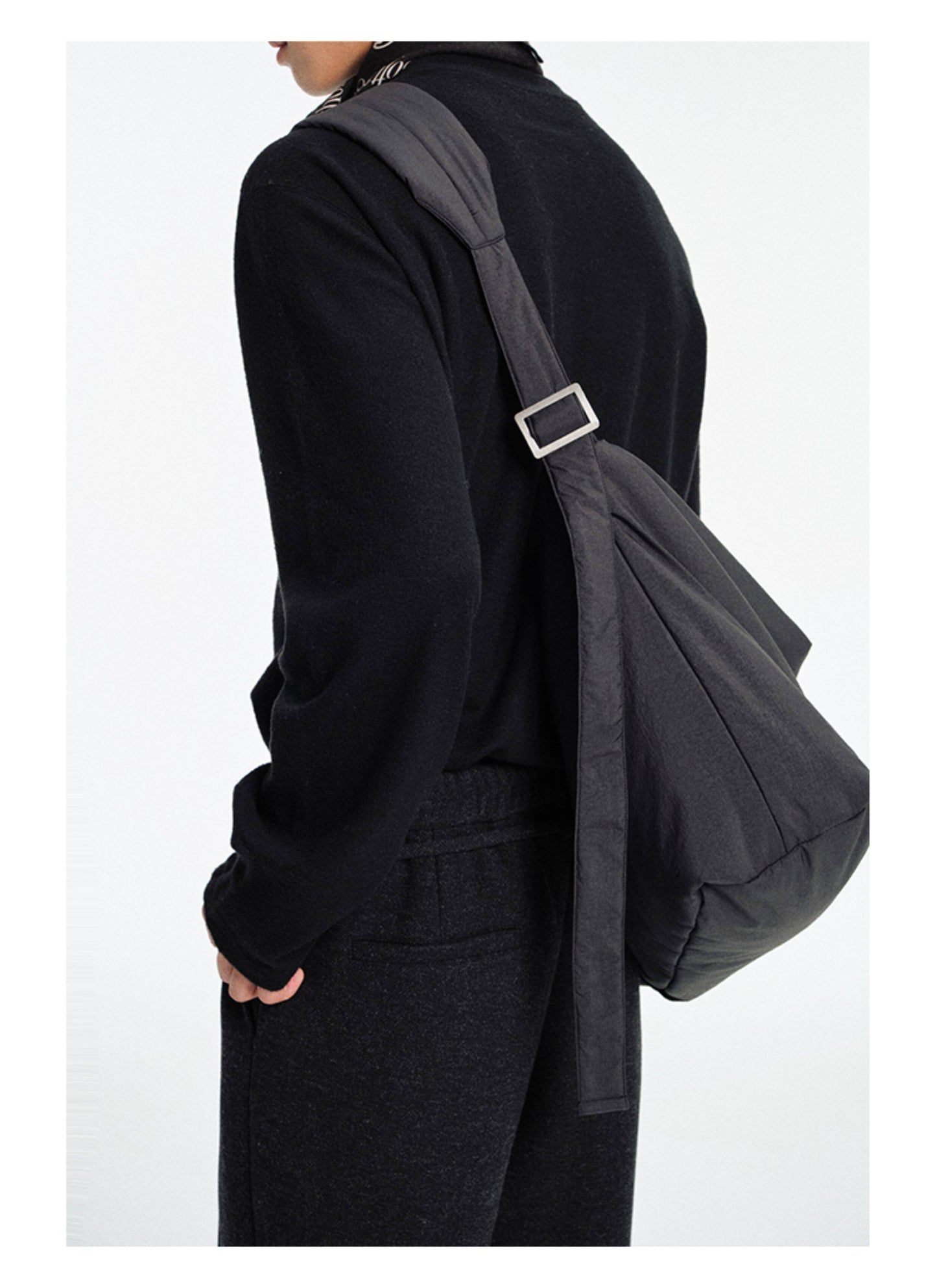 Wrinkle-Finish Nylon Multi-Pocket Shoulder Bag