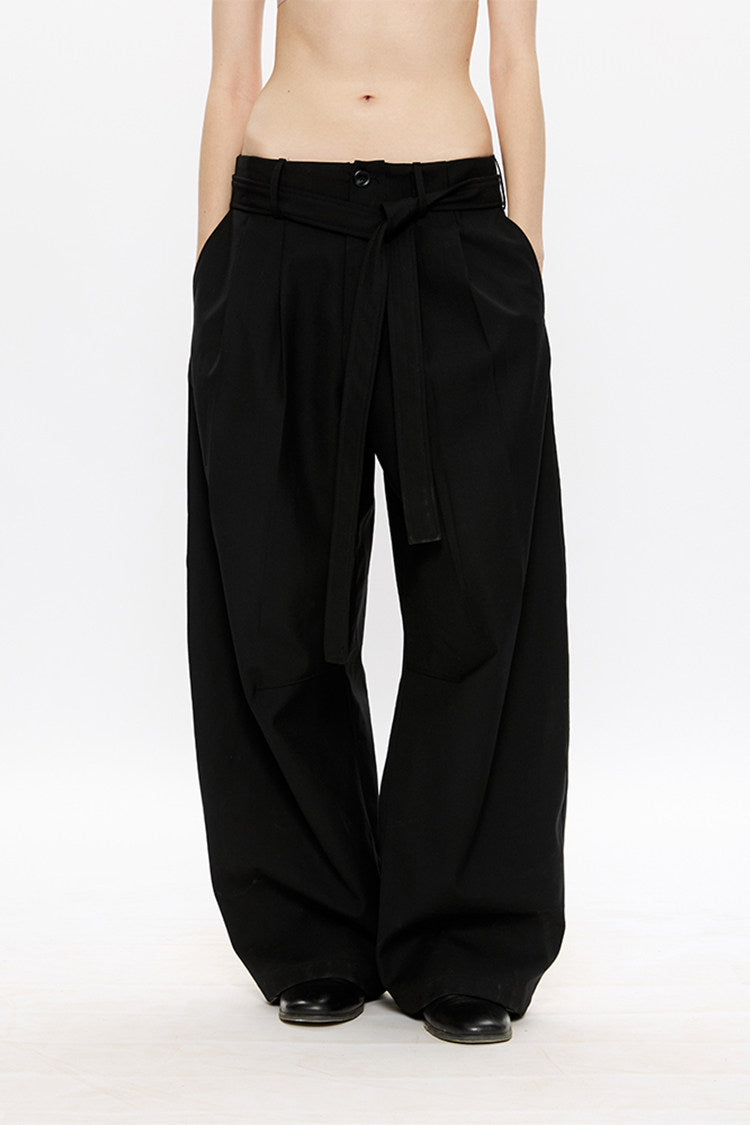 Pleated Adjustable Ribbon Wide-Leg Pants