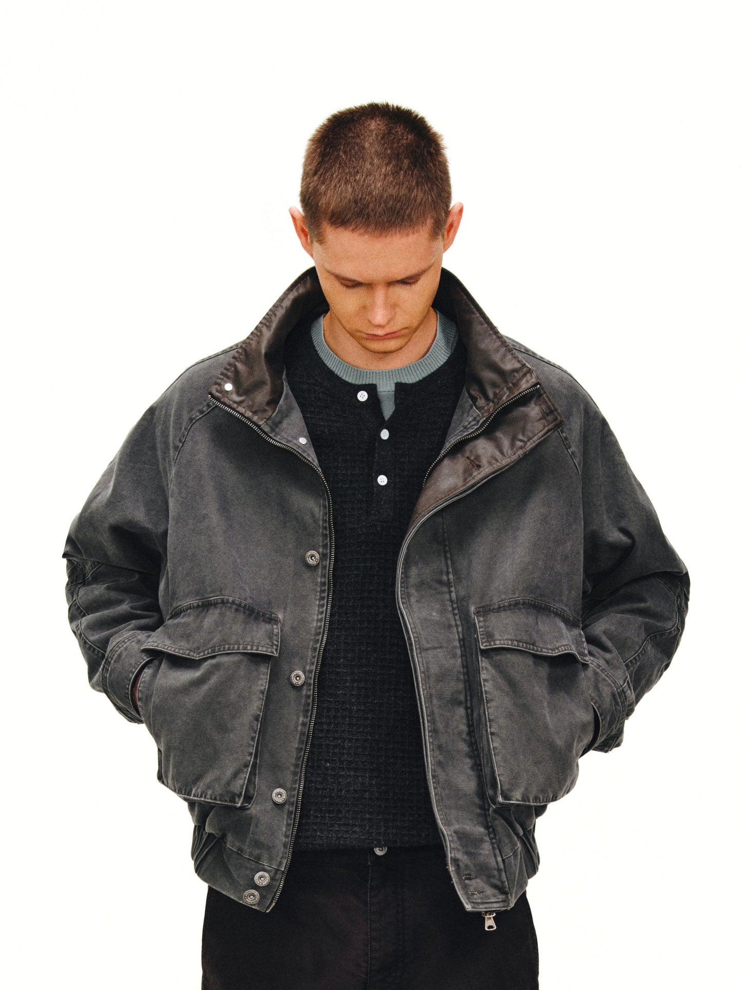 Distressed Stand Collar Jacket