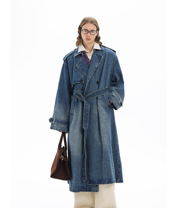 Double-breasted denim long coat