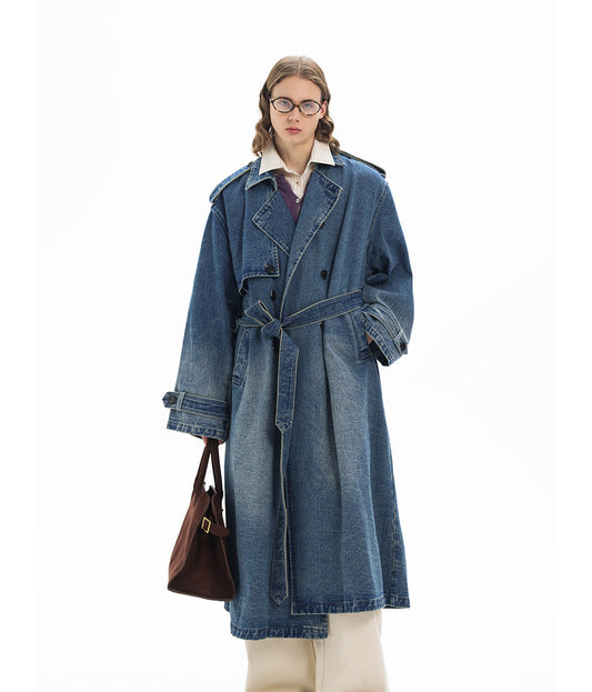 Double-breasted denim long coat