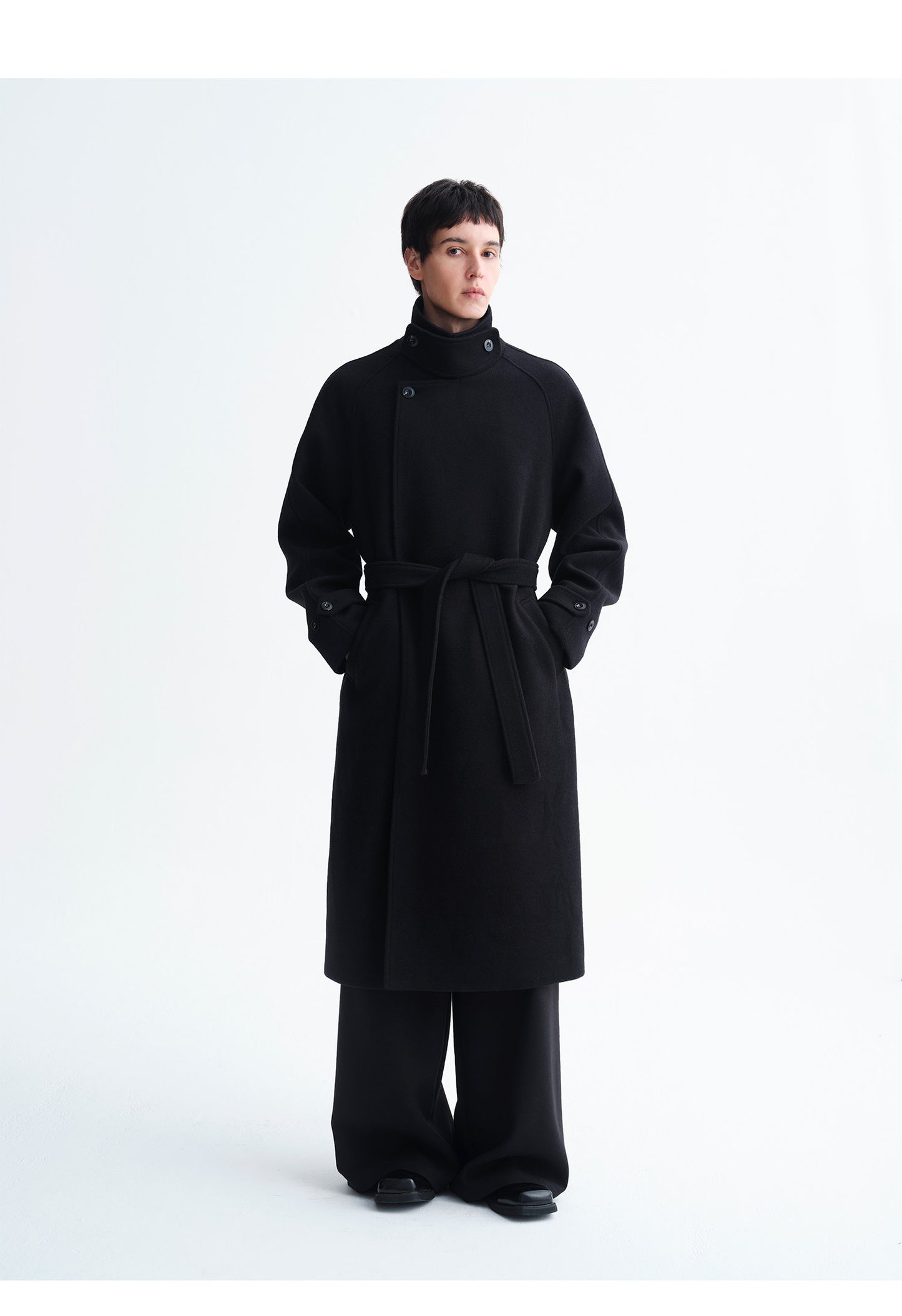 Wool-Blend Stand Collar Long Coat
