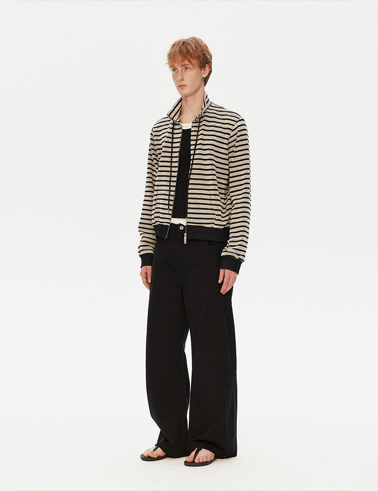 Striped Stand Collar Zipper Cardigan
