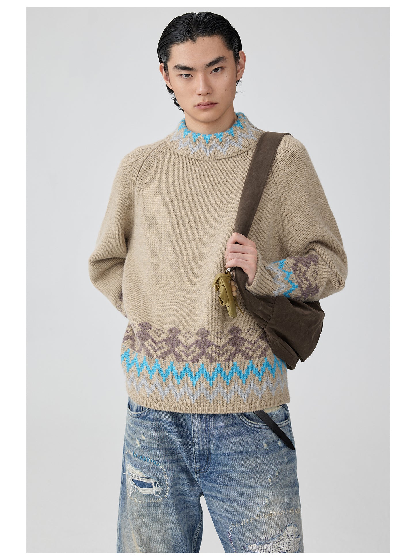 Ethnic Pattern Side Zip Turtleneck Sweater