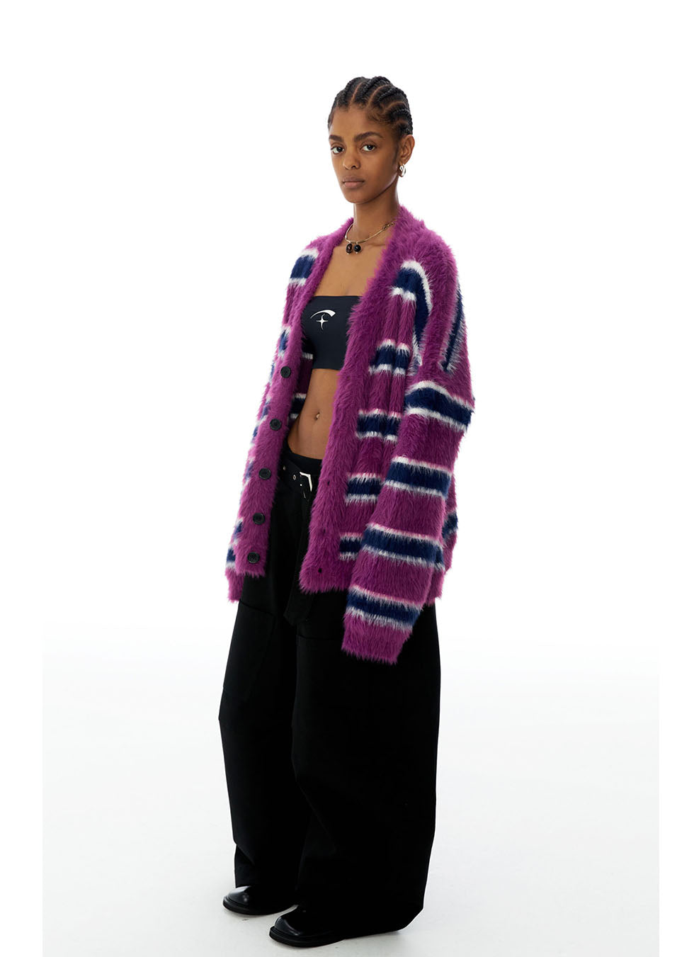 Imitation Mohair Stripe Contrast V-Neck Cardigan