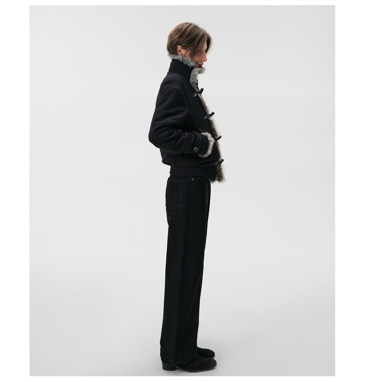 Leather-Laced Cow Horn Button Fur Jacket