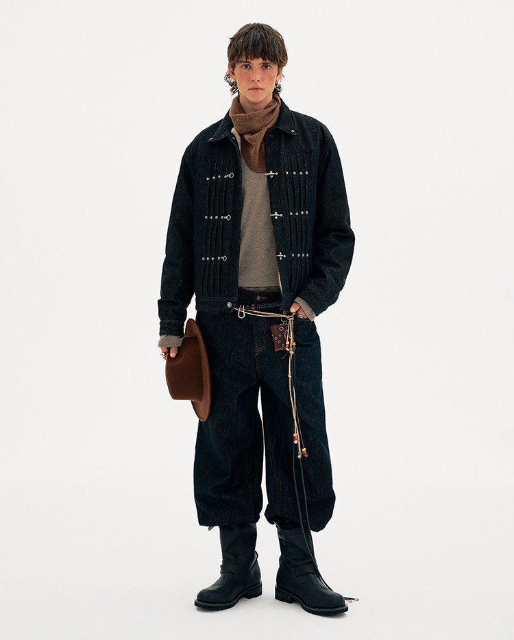 Pleated Airplane Button Denim Jacket
