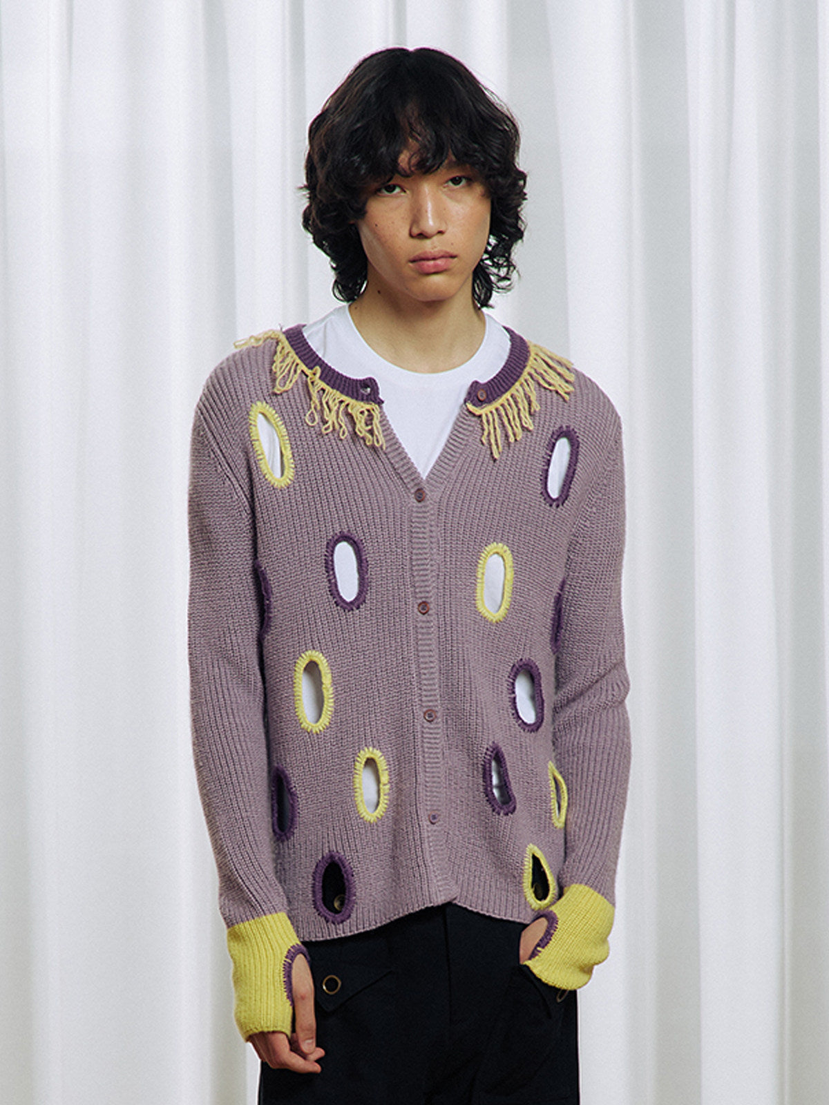 Hollowed-out wool blend cardigan