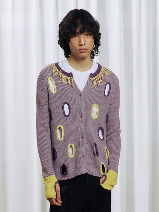 Hollowed-out wool blend cardigan