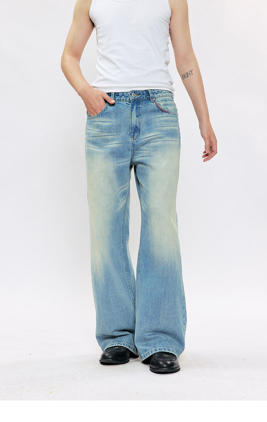 Wide-leg casual jeans with whiskers