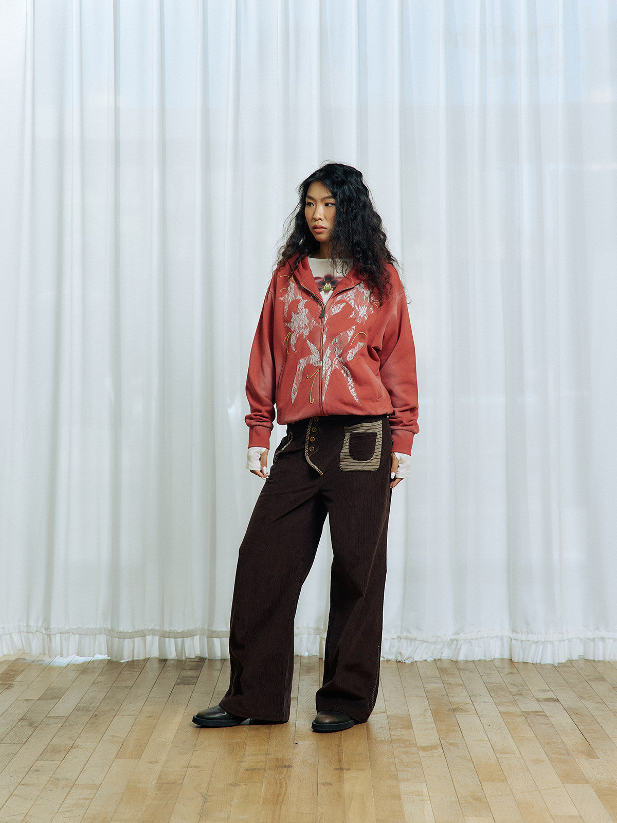 Lace-trimmed hooded sweatshirt