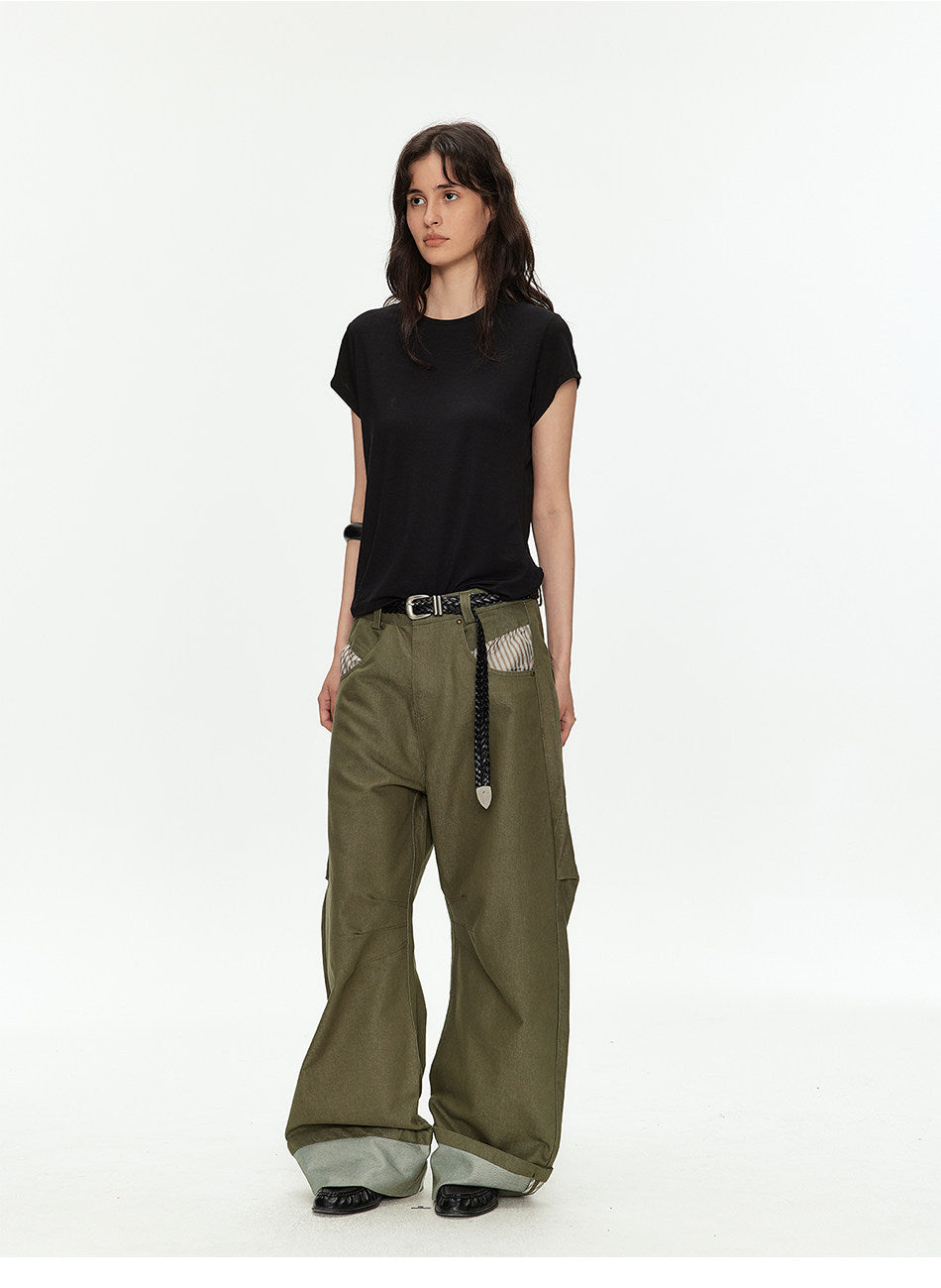 Wide-Leg Workwear Pants with Checkered Pockets