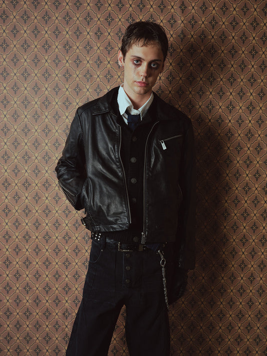 Zipper-Front Washed Leather Jacket