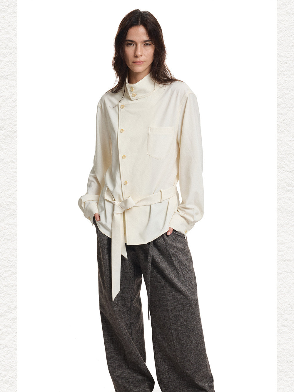 Diagonal Placket  Stand-Up Collar Workwear Shirt