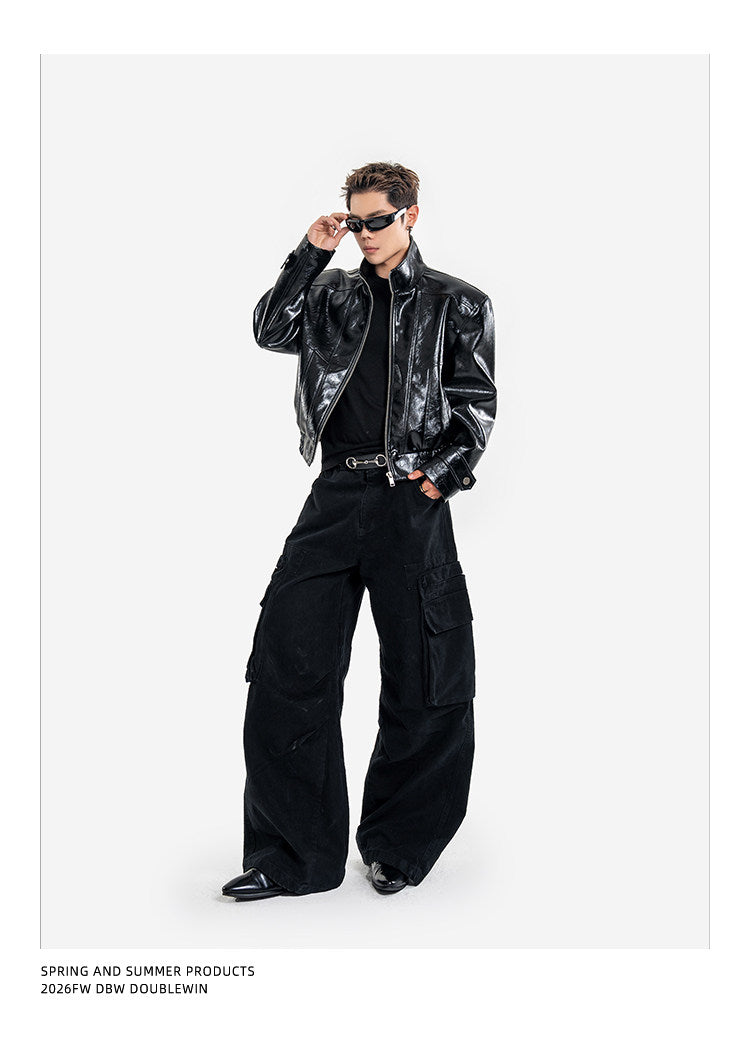 Short Biker Jacket with Stand-Up Collar
