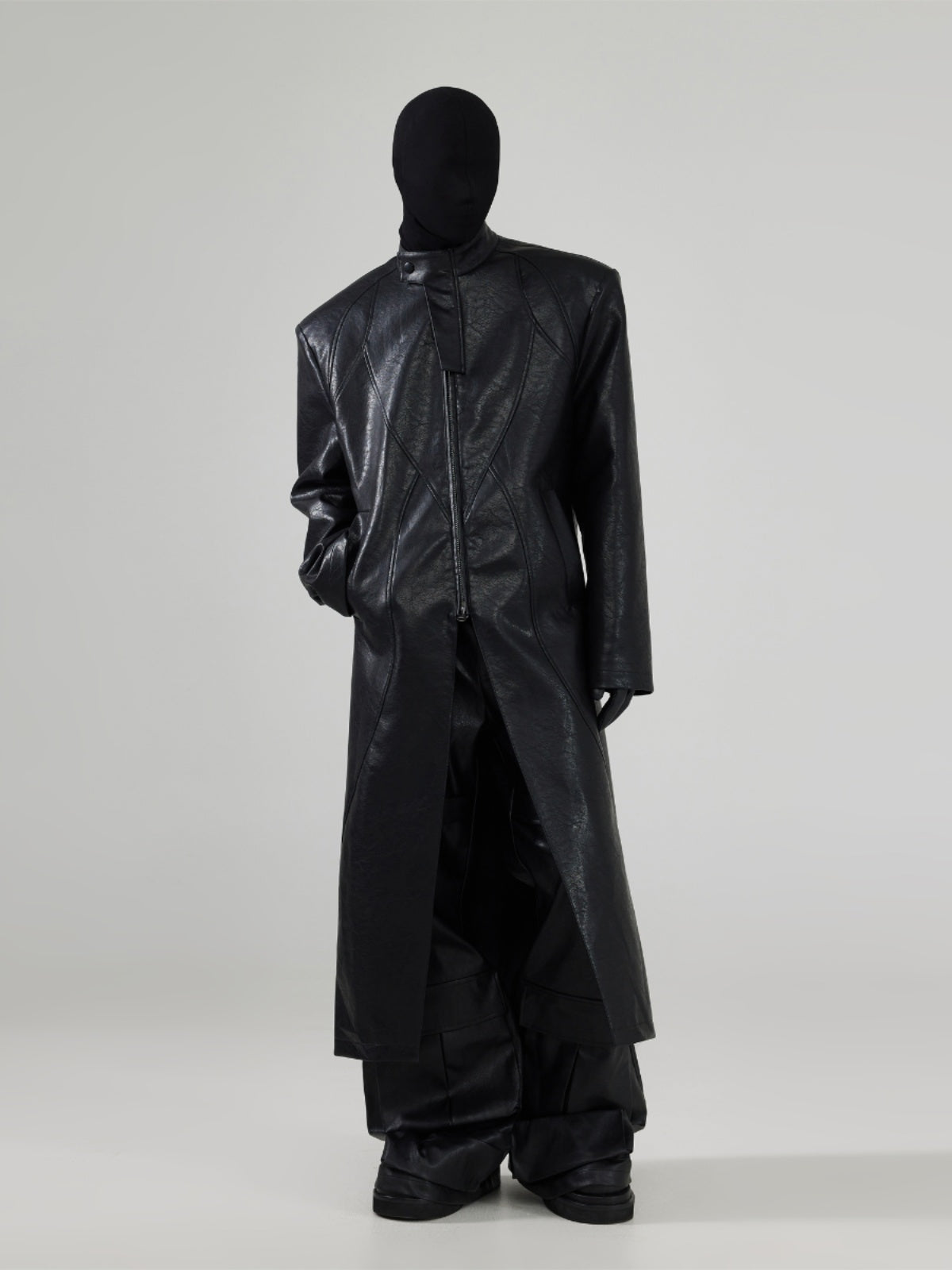 Deconstructed long leather coat