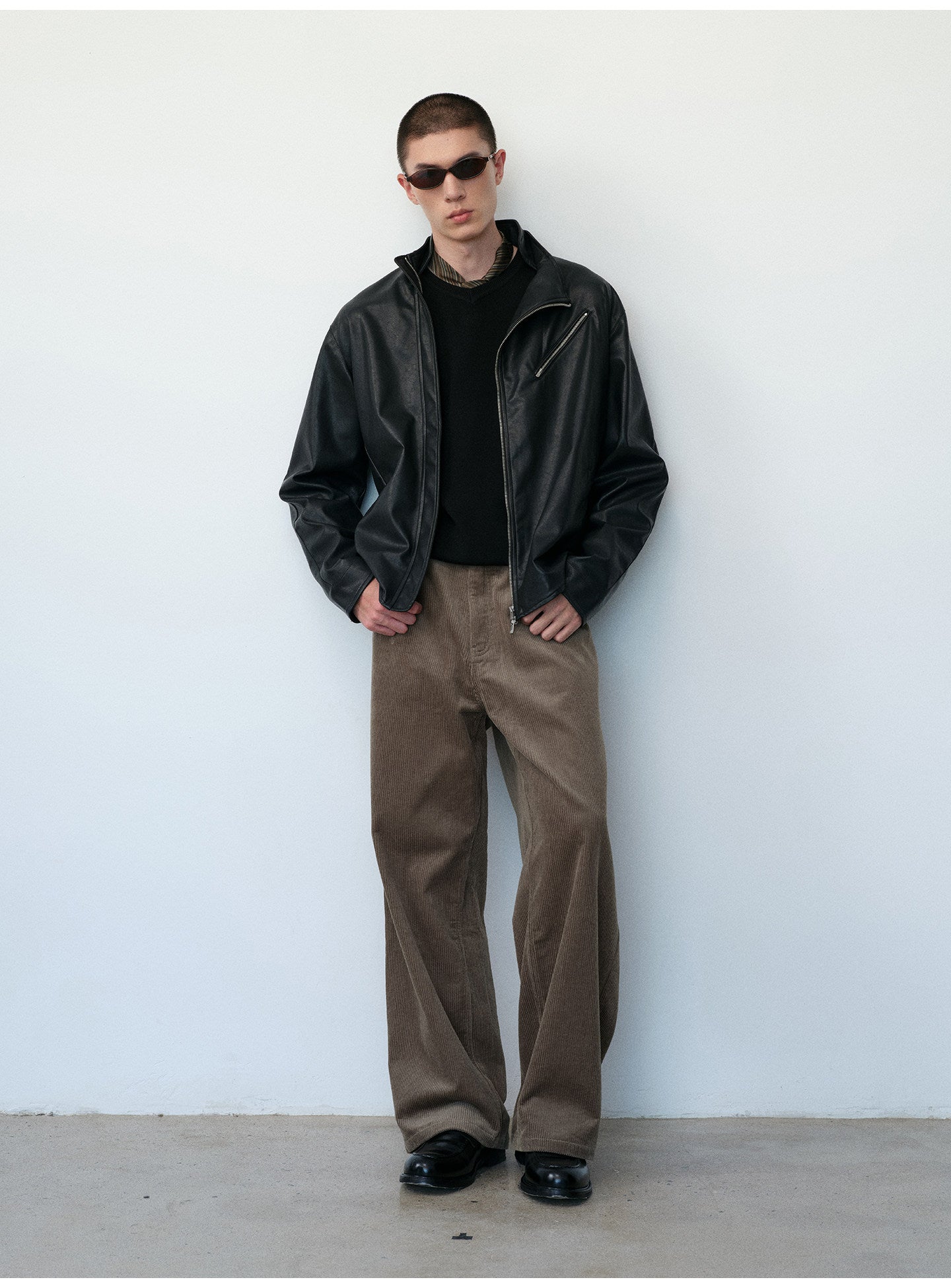 Microfiber-Leather Blend Stand-Collar Jacket