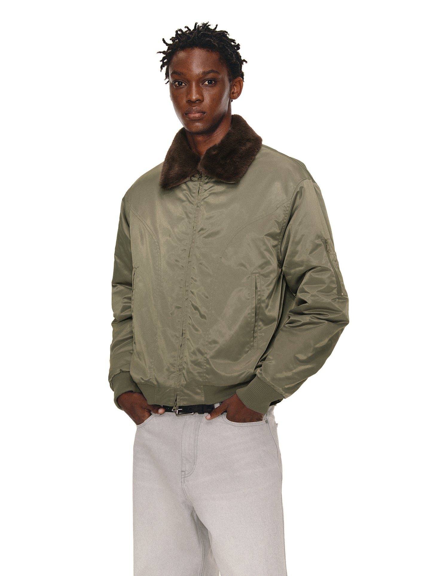 Contrast Fur Collar Bomber Jacket