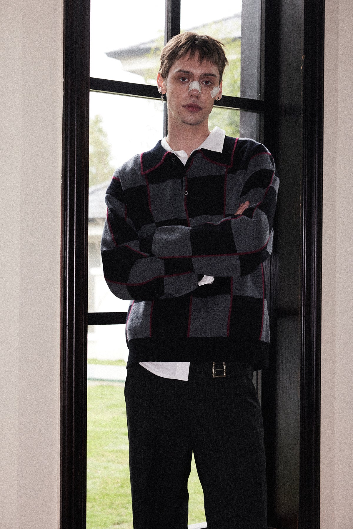 Wool lapel checkered polo shirt