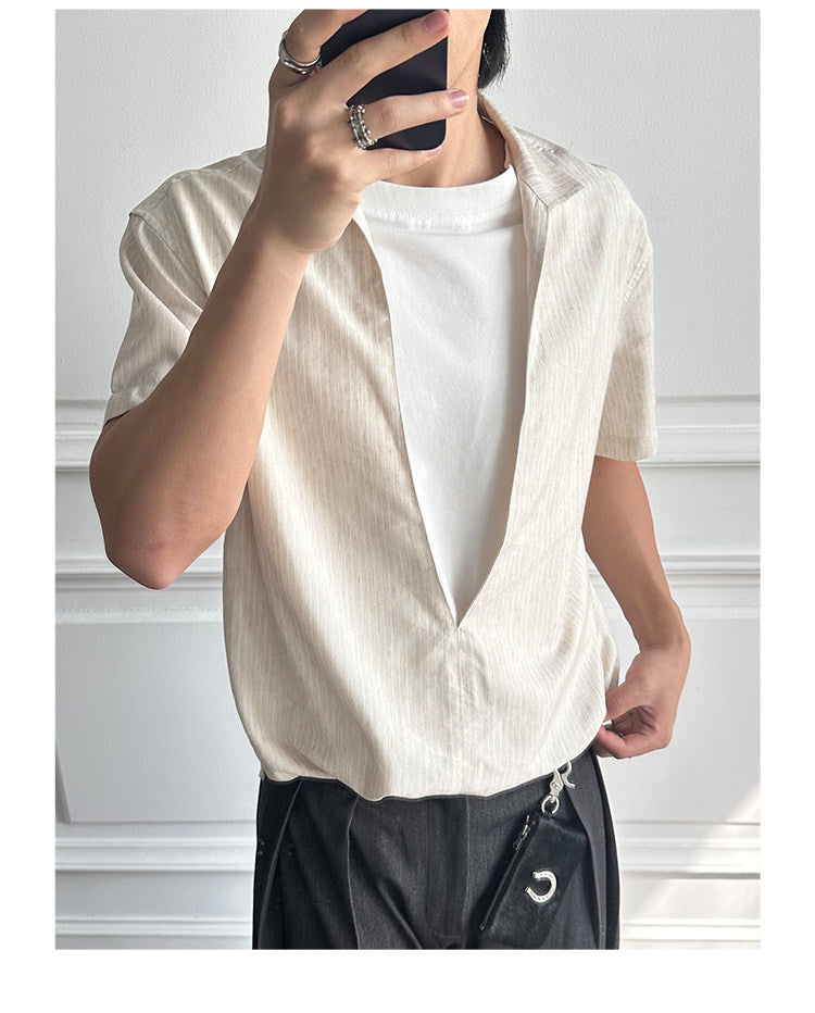 V-neck Design Faux Two-Piece Shirt