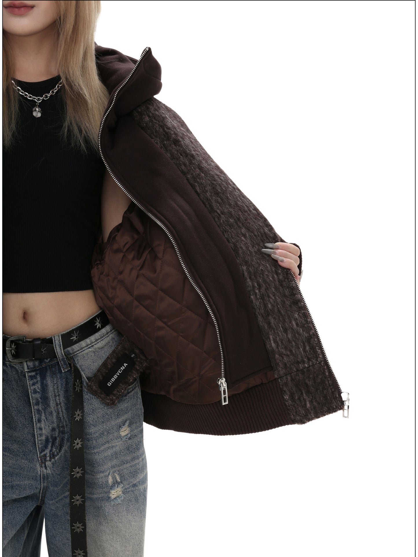 Faux two-piece wool hooded jacket